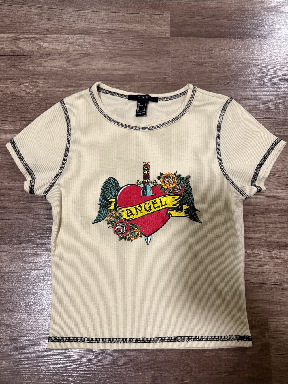 Cream Short Sleeve 'Angel' Graphic Tee with Red Heart